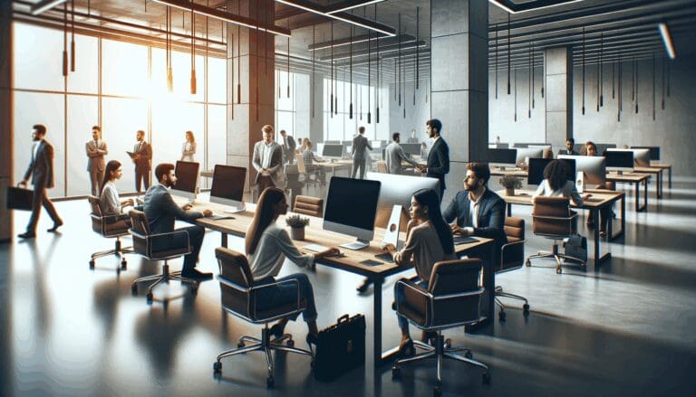 Espacio interior moderno con emprendedores trabajando en computadoras, ambiente colaborativo y tecnológico.