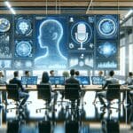 Equipo internacional de desarrolladores en una oficina moderna, colaborando frente a pantallas con gráficos de voz e inteligencia artificial.