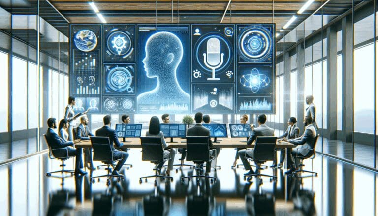 Equipo internacional de desarrolladores en una oficina moderna, colaborando frente a pantallas con gráficos de voz e inteligencia artificial.