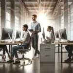 Primera planta de un grupo diverso de ingenieros trabajando frente a monitores en un espacio moderno y luminoso.