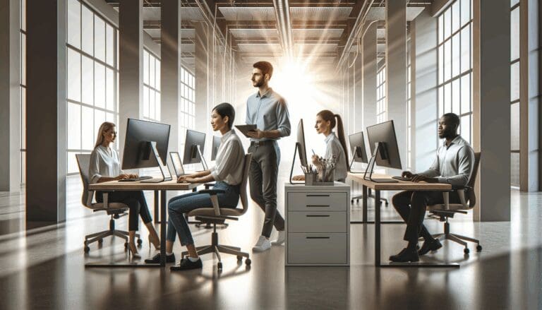 Primera planta de un grupo diverso de ingenieros trabajando frente a monitores en un espacio moderno y luminoso.