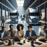 Jóvenes emprendedores trabajando en laptops, fondo de vehículos de transporte en un ambiente moderno y luminoso.