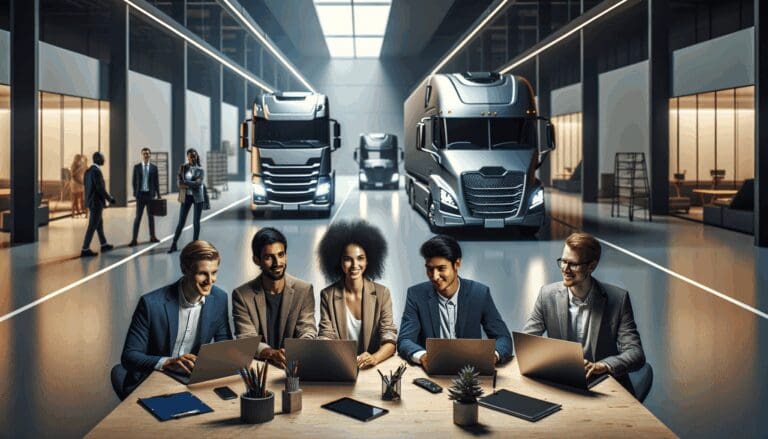 Jóvenes emprendedores trabajando en laptops, fondo de vehículos de transporte en un ambiente moderno y luminoso.