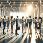 Personas interactuando en un evento tecnológico moderno en un centro de convenciones luminoso.