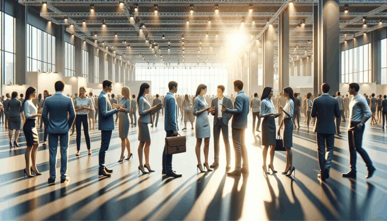 Personas interactuando en un evento tecnológico moderno en un centro de convenciones luminoso.