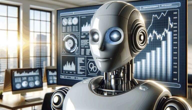 Primer plano de un robot inteligente frente a una pantalla con gráficos financieros en una oficina moderna.
