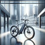 Fotografía editorial de una bicicleta eléctrica elegante sobre fondo urbano contemporáneo, resaltando elementos tecnológicos.