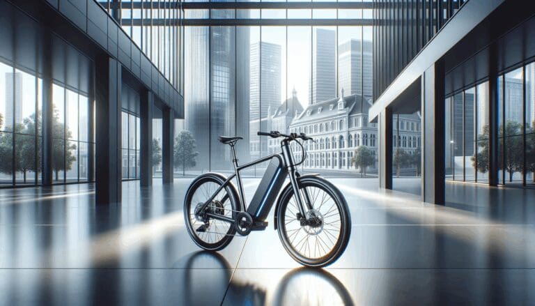 Fotografía editorial de una bicicleta eléctrica elegante sobre fondo urbano contemporáneo, resaltando elementos tecnológicos.