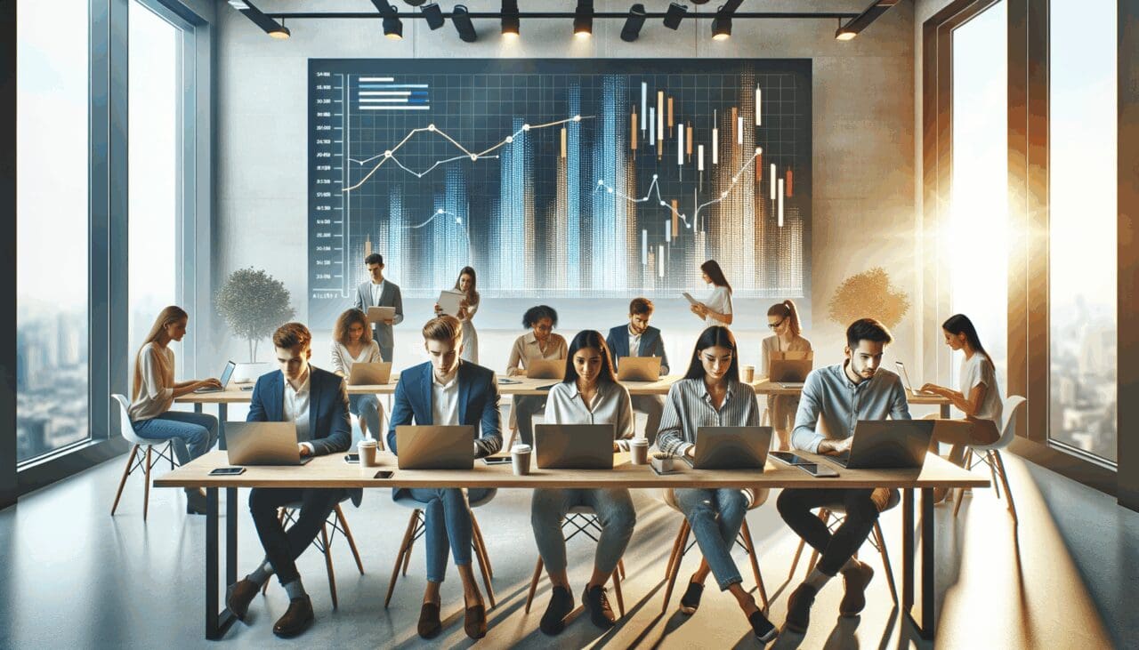 Equipo de jóvenes emprendedores trabajando con laptops en un coworking moderno, pantallas con gráficas financieras al fondo.