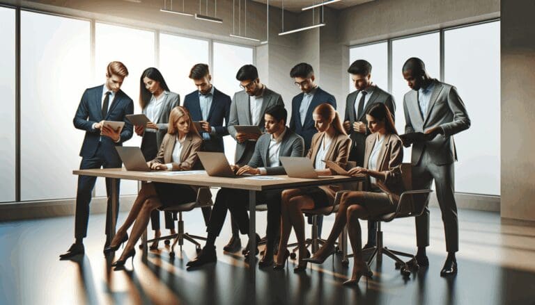 Grupo de jóvenes emprendedores analizando datos en una sala de reuniones moderna