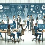 Ilustración de dos equipos de profesionales colaborando en un entorno moderno de coworking tecnológico, con pantallas y elementos de inteligencia artificial.