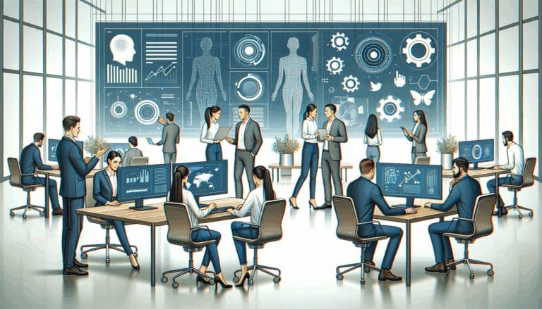 Ilustración de dos equipos de profesionales colaborando en un entorno moderno de coworking tecnológico, con pantallas y elementos de inteligencia artificial.