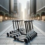 Grupo de patinetas eléctricas alineadas sobre aceras urbanas en una ciudad moderna de Latinoamérica.