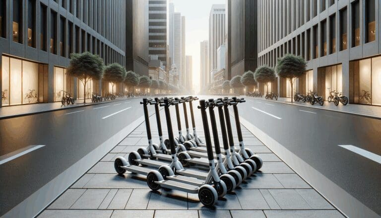 Grupo de patinetas eléctricas alineadas sobre aceras urbanas en una ciudad moderna de Latinoamérica.