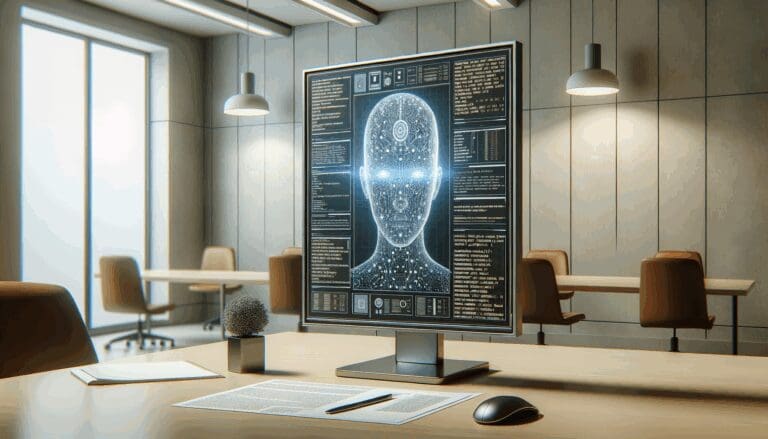 Primer plano de una pantalla de computador mostrando código de inteligencia artificial en un entorno moderno.