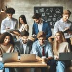 Emprendedores jóvenes colaborando en un espacio moderno de coworking, laptops y pizarras en uso.