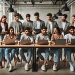 Jóvenes emprendedores colaborando en un moderno espacio de coworking con laptops sobre mesas largas.