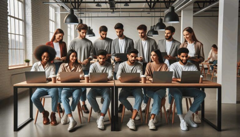 Jóvenes emprendedores colaborando en un moderno espacio de coworking con laptops sobre mesas largas.