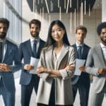 Grupo diverso de emprendedores participando en un evento tecnológico en un centro de conferencias moderno.