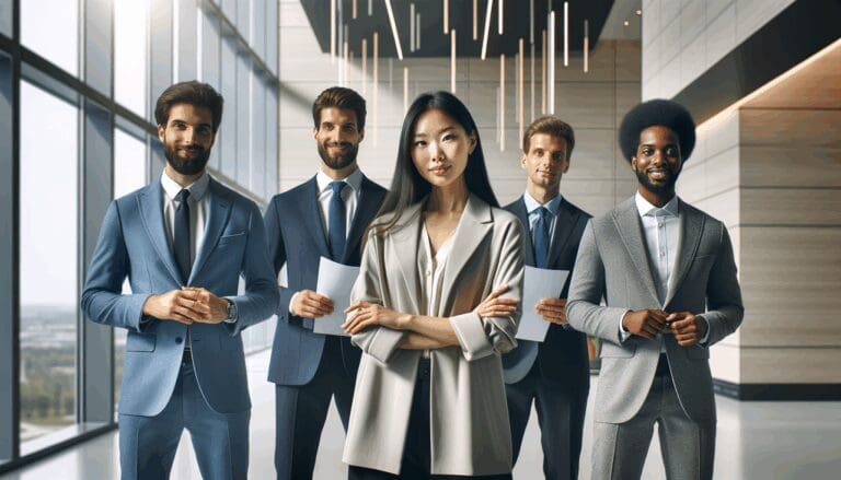 Grupo diverso de emprendedores participando en un evento tecnológico en un centro de conferencias moderno.