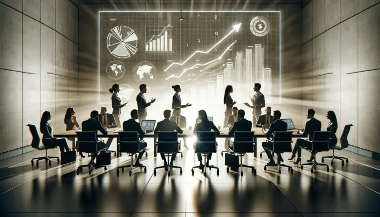 Sala de reuniones moderna con emprendedores conversando iluminados por pantallas digitales y gráficos de crecimiento.