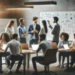 Emprendedores colaborando en un espacio de coworking moderno con pizarras y laptops.