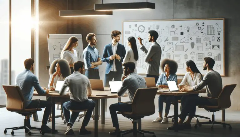 Emprendedores colaborando en un espacio de coworking moderno con pizarras y laptops.