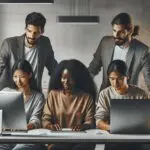 Grupo de cuatro personas colaborando frente a computadoras en un ambiente moderno de coworking tecnológico.