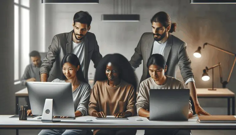 Grupo de cuatro personas colaborando frente a computadoras en un ambiente moderno de coworking tecnológico.