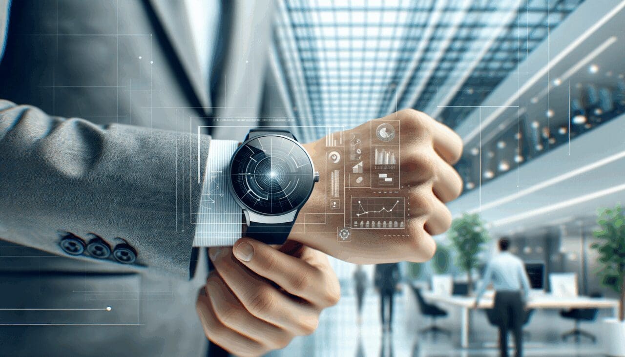 Primer plano de un dispositivo wearable tecnológico en una muñeca, fondo desenfocado de oficina moderna.