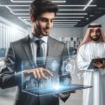 Imagen de un joven empresario trabajando con tecnología innovadora en una oficina moderna.