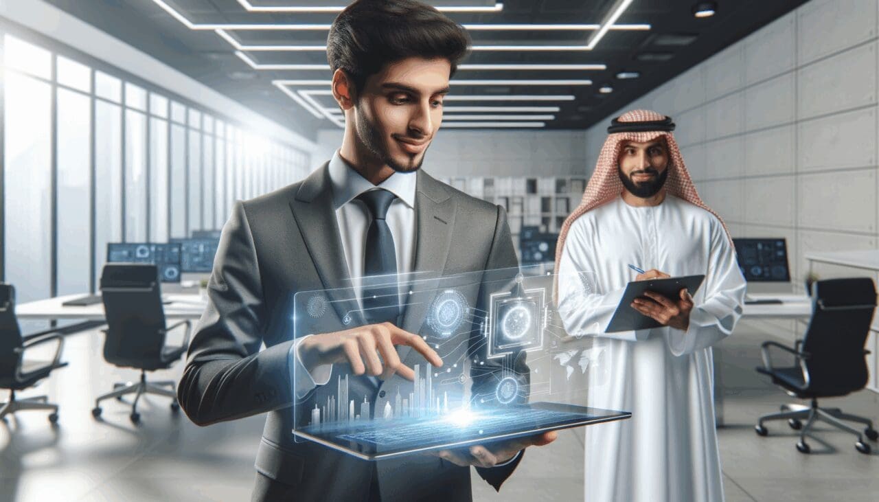 Imagen de un joven empresario trabajando con tecnología innovadora en una oficina moderna.