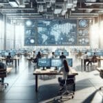 Oficina moderna con equipo tecnológico colaborando frente a pantallas luminosas.