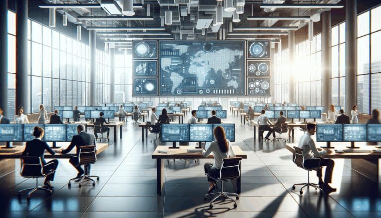 Oficina moderna con equipo tecnológico colaborando frente a pantallas luminosas.