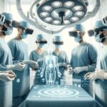 Cirujanos intercambiando información médica en tiempo real con ayuda de tecnología de realidad virtual en un quirófano moderno.