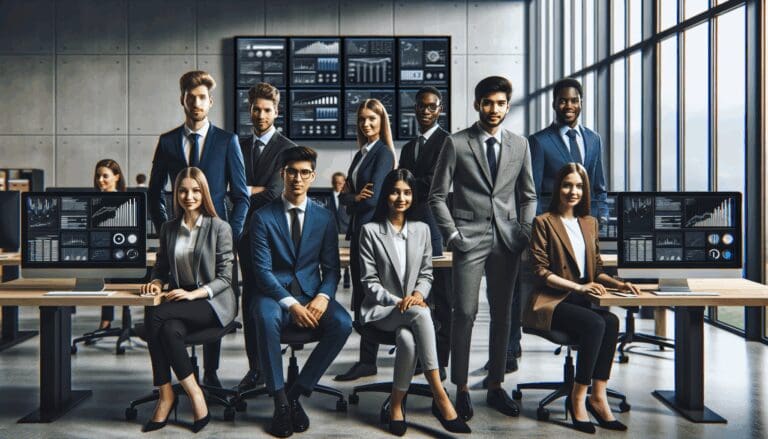 Equipo de jóvenes profesionales trabajando frente a ordenadores en una oficina moderna con pantallas mostrando gráficos digitales.