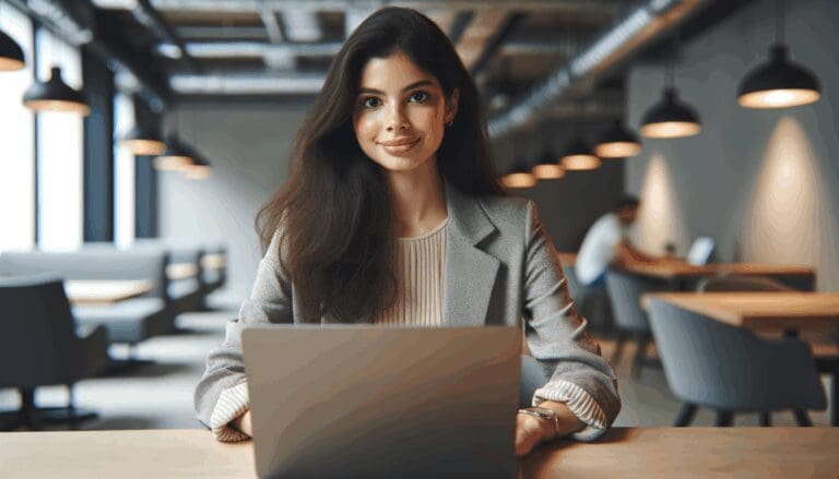 Retrato editorial de una emprendedora joven usando una laptop en un espacio de coworking moderno.