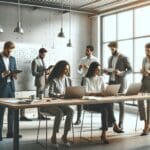 Emprendedores colaborando en una oficina moderna con pizarras y laptops.