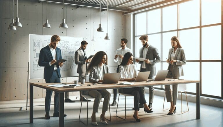 Emprendedores colaborando en una oficina moderna con pizarras y laptops.