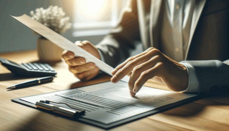 Primer plano de manos revisando facturas en una oficina moderna, luz natural, ambiente profesional y tecnológico.