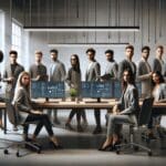 Oficina moderna con jóvenes profesionales reunidos en una mesa de trabajo, rodeados de pantallas y laptops en un ambiente tecnológico.