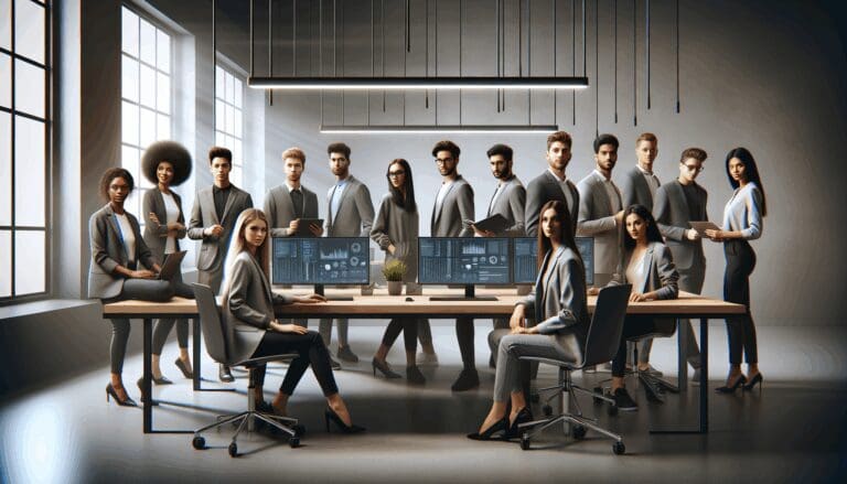 Oficina moderna con jóvenes profesionales reunidos en una mesa de trabajo, rodeados de pantallas y laptops en un ambiente tecnológico.