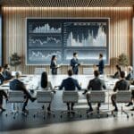 Sala de reuniones moderna con empresarios dialogando y pantallas mostrando datos financieros.