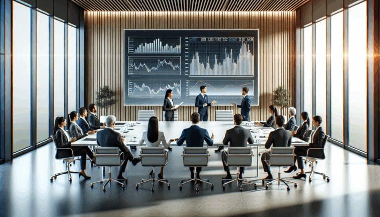 Sala de reuniones moderna con empresarios dialogando y pantallas mostrando datos financieros.