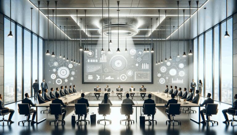 Imagen de una sala de conferencias moderna con emprendedores y presentaciones tecnológicas.