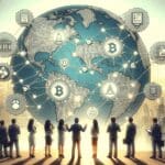 Representación digital de una red blockchain conectando startups y bancos modernos en Latinoamérica.