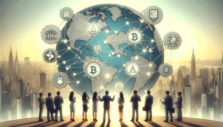 Representación digital de una red blockchain conectando startups y bancos modernos en Latinoamérica.