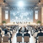 Auditorio luminoso con emprendedores y expertos tecnológicos participando en un evento internacional.