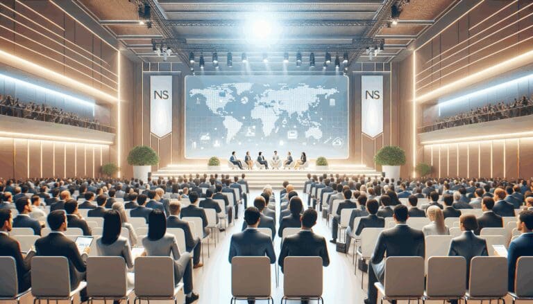 Auditorio luminoso con emprendedores y expertos tecnológicos participando en un evento internacional.