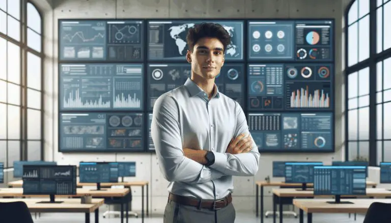 Joven ingeniero en una oficina moderna rodeado de pantallas y datos digitales.